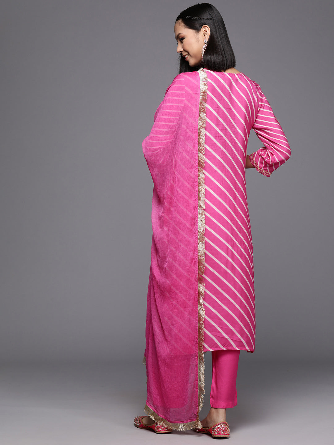Varanga Women Pink Pure Fabric, Lehariya Embroidered Straight Kurta Paired With Tonal Bottom And Dupatta - Distacart