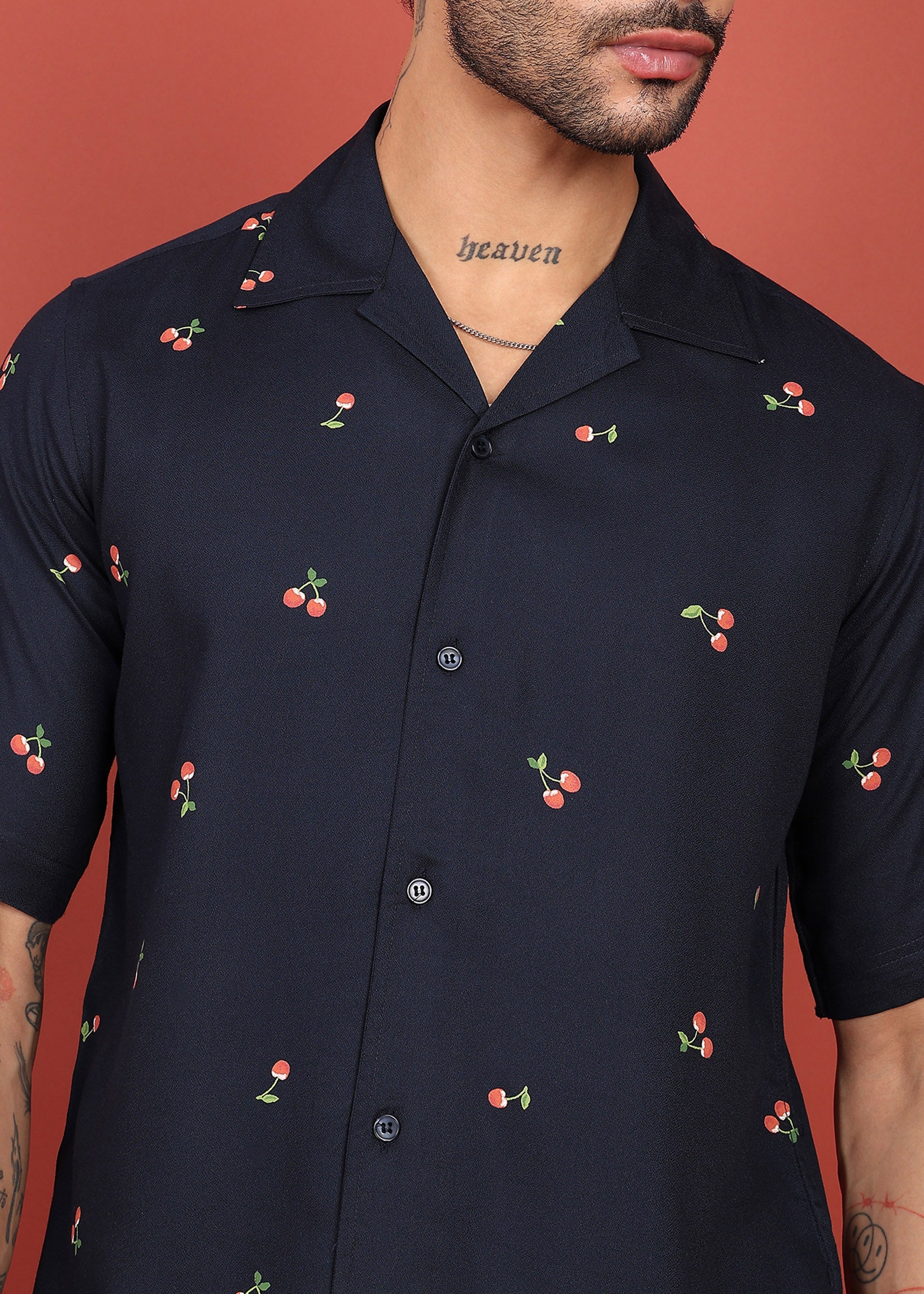 Fabmade Midnight Cherry Printed Cuban Collar Shirt - Distacart