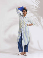 Thumbnail for trueBrowns White Cotton Multi Stripe Shirt Kurta Set