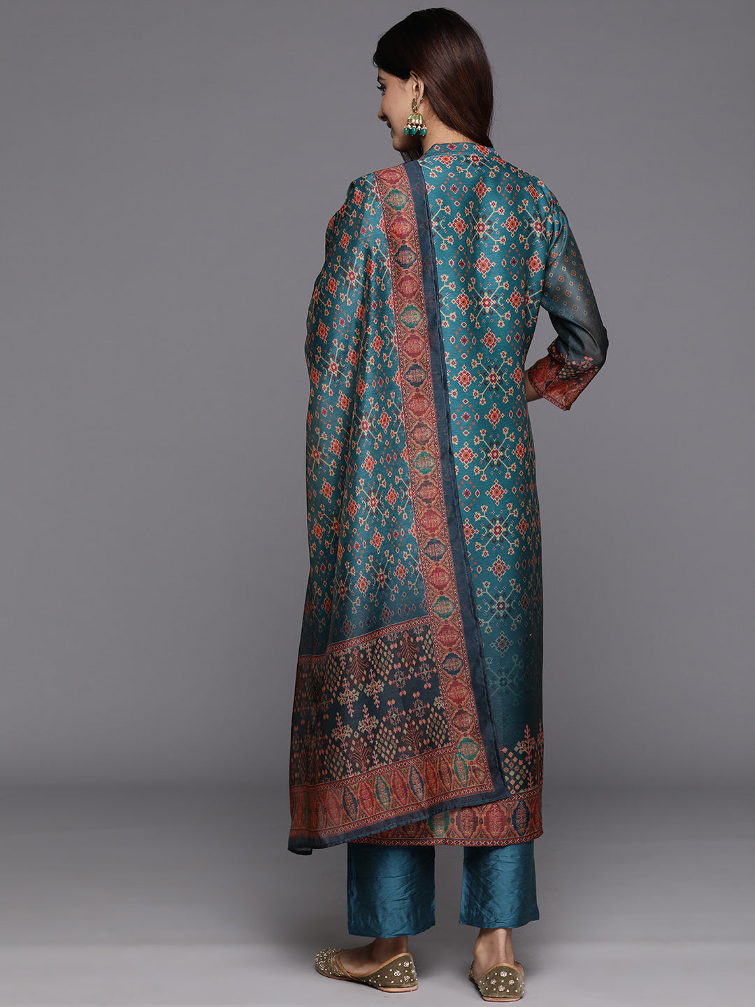 Varanga Women Patola Printed, Teal & Beige Mandrin Collar ,Straight Kurta With Solid Bottom And Printed Dupatta - Distacart