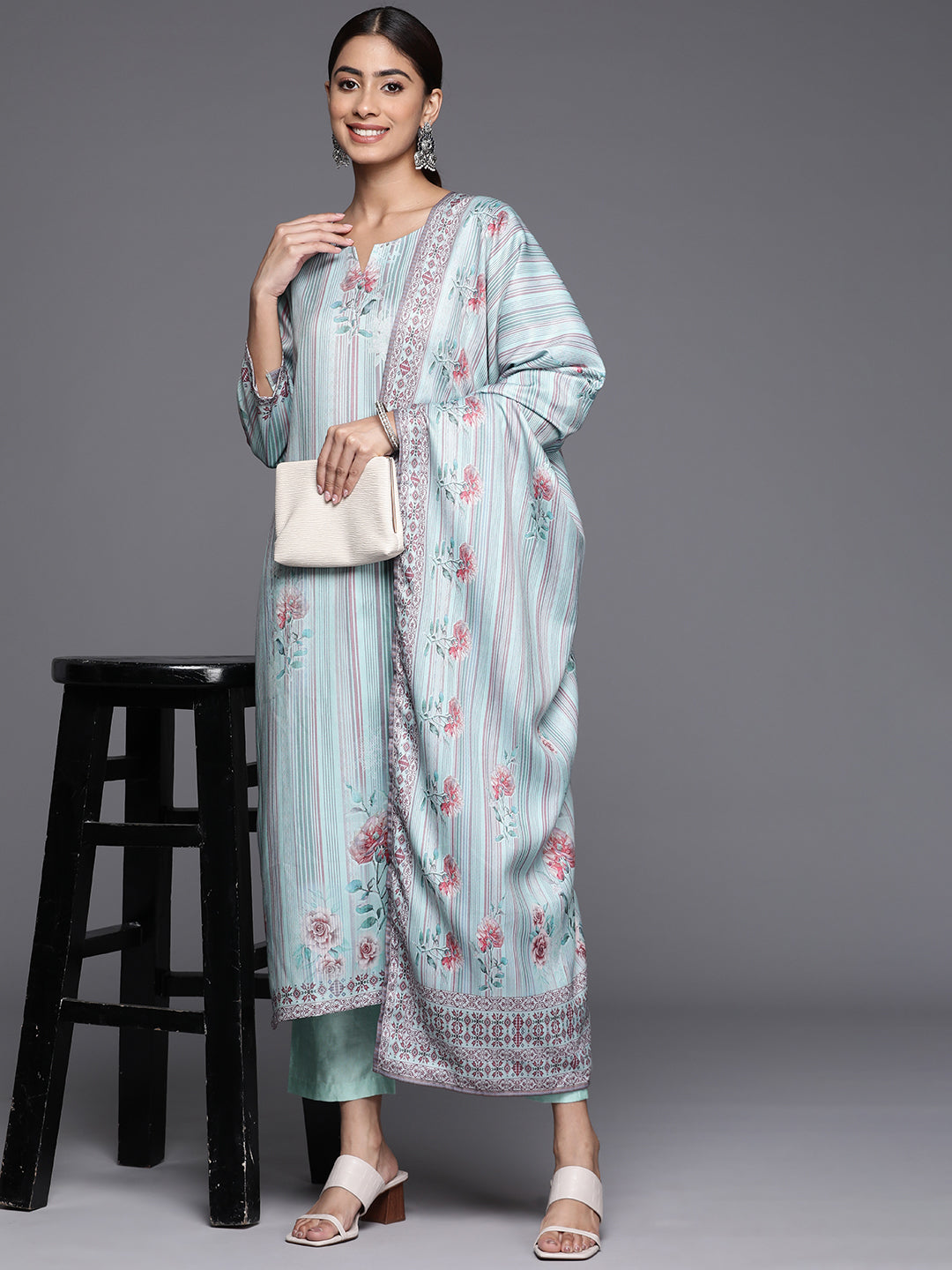 Varanga Women Blue Stripe Printed Straight Kurta Paired With Tonal Bottom And Dupatta - Distacart