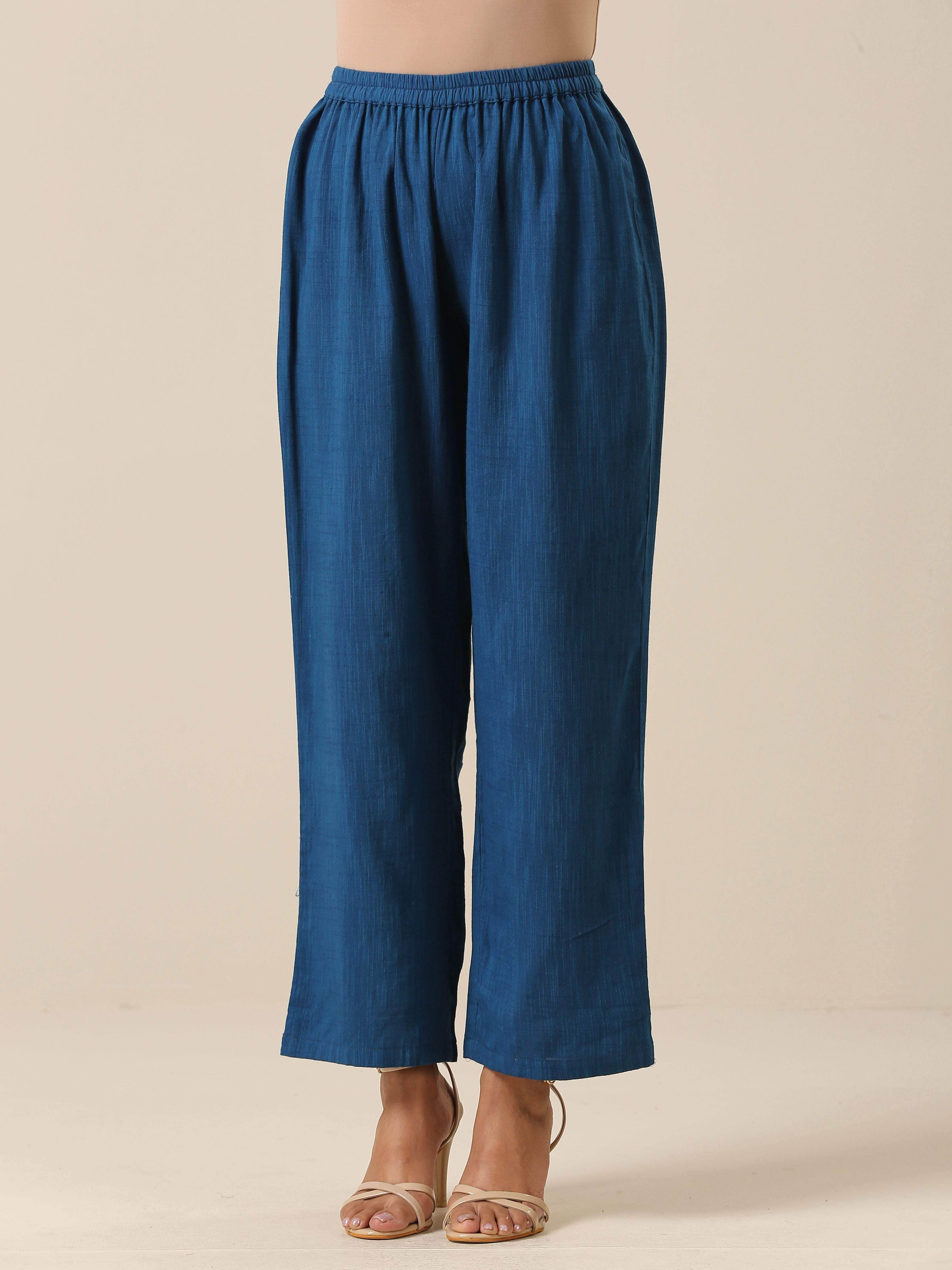 trueBrowns Classic Blue Slub Texture Collar Short Co-Ord Set - Distacart