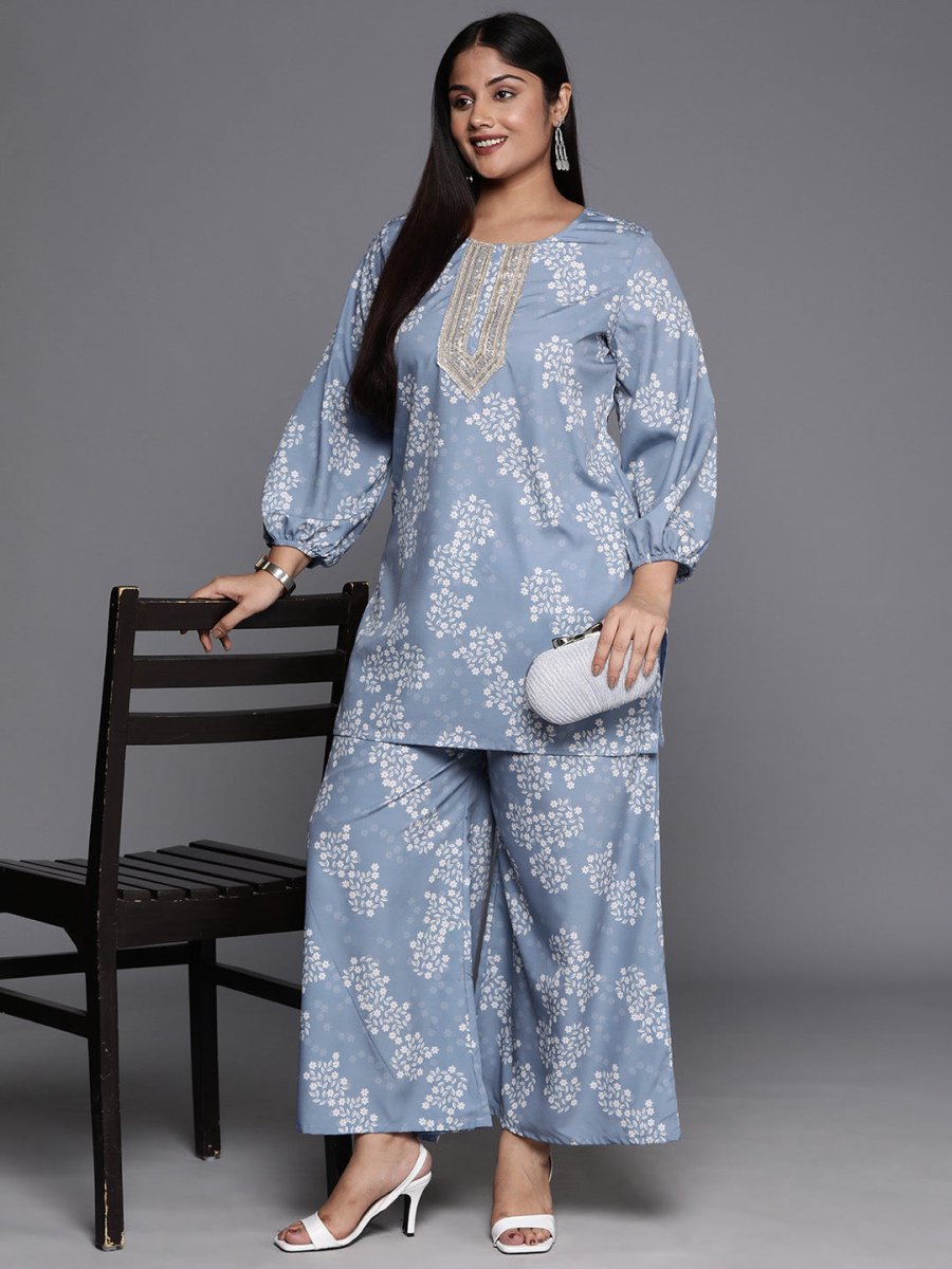 Ahalyaa Plus Size Floral Print Zari Ethnic Tunic with Palazzos - Distacart