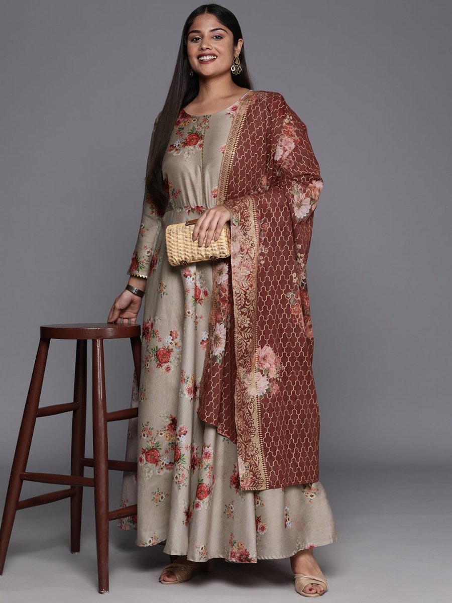 Ahalyaa Plus Size Round Neck Maxi Ethnic Dress With Dupatta - Distacart