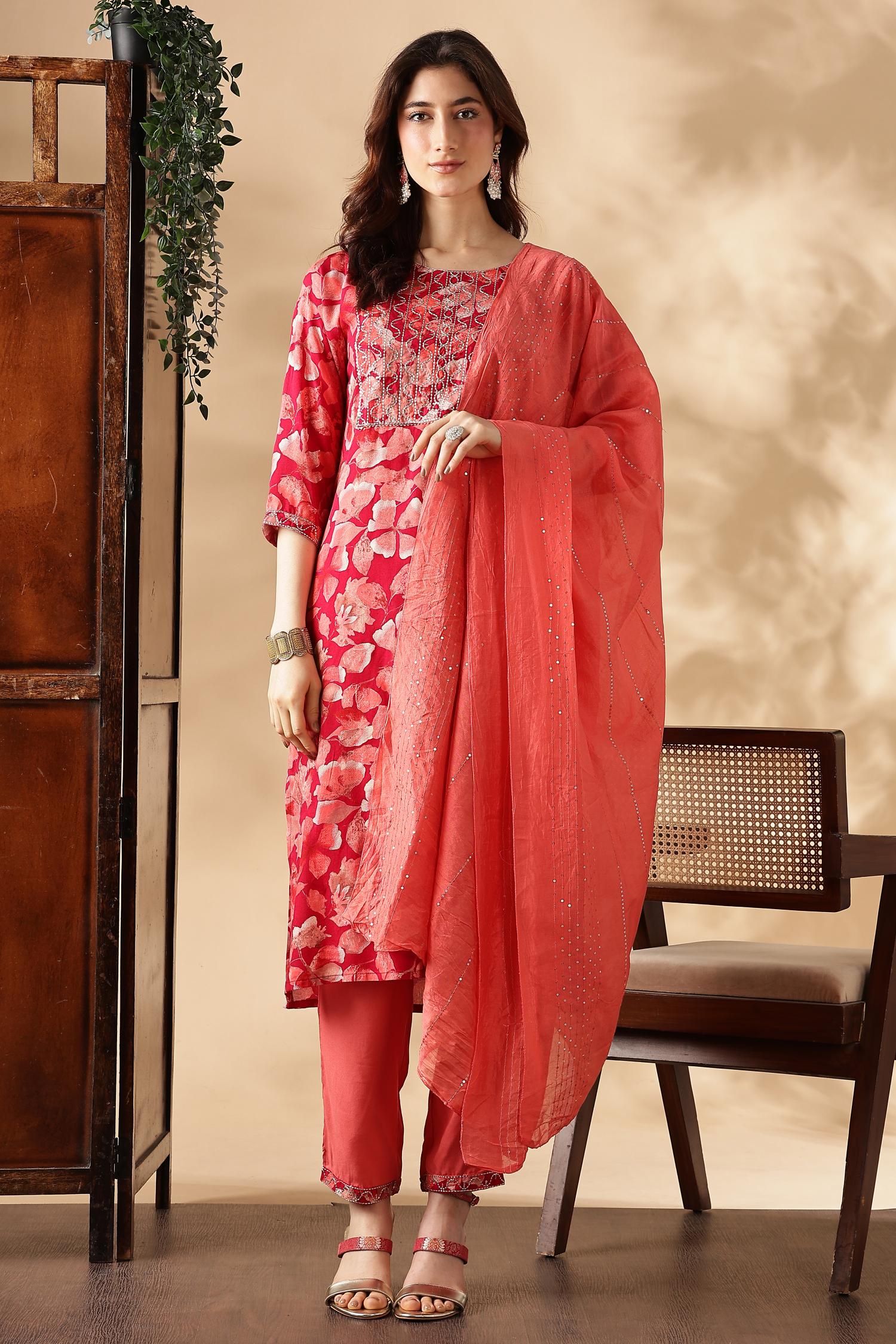 BulBul Simar Rayon Fuschia Kurta Set with Dupatta