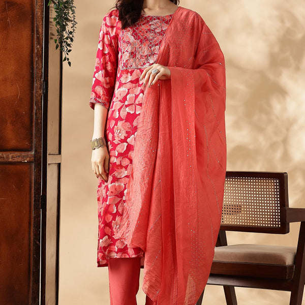 BulBul Simar Rayon Fuschia Kurta Set with Dupatta