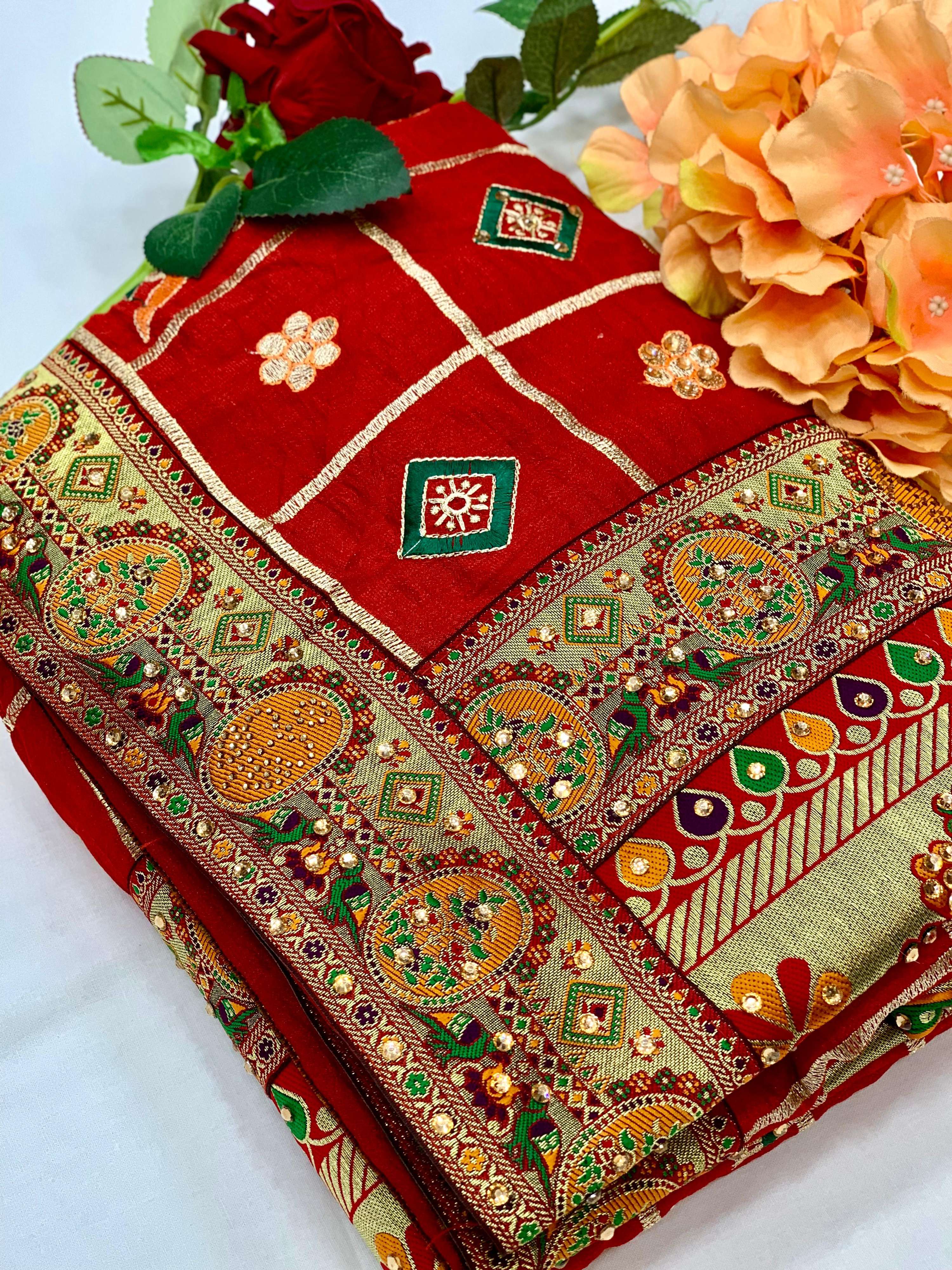 Lorenvalley Fashion Premium Red Vichitra Silk Embroidery and Diamond work Both Side Saree - Distacart