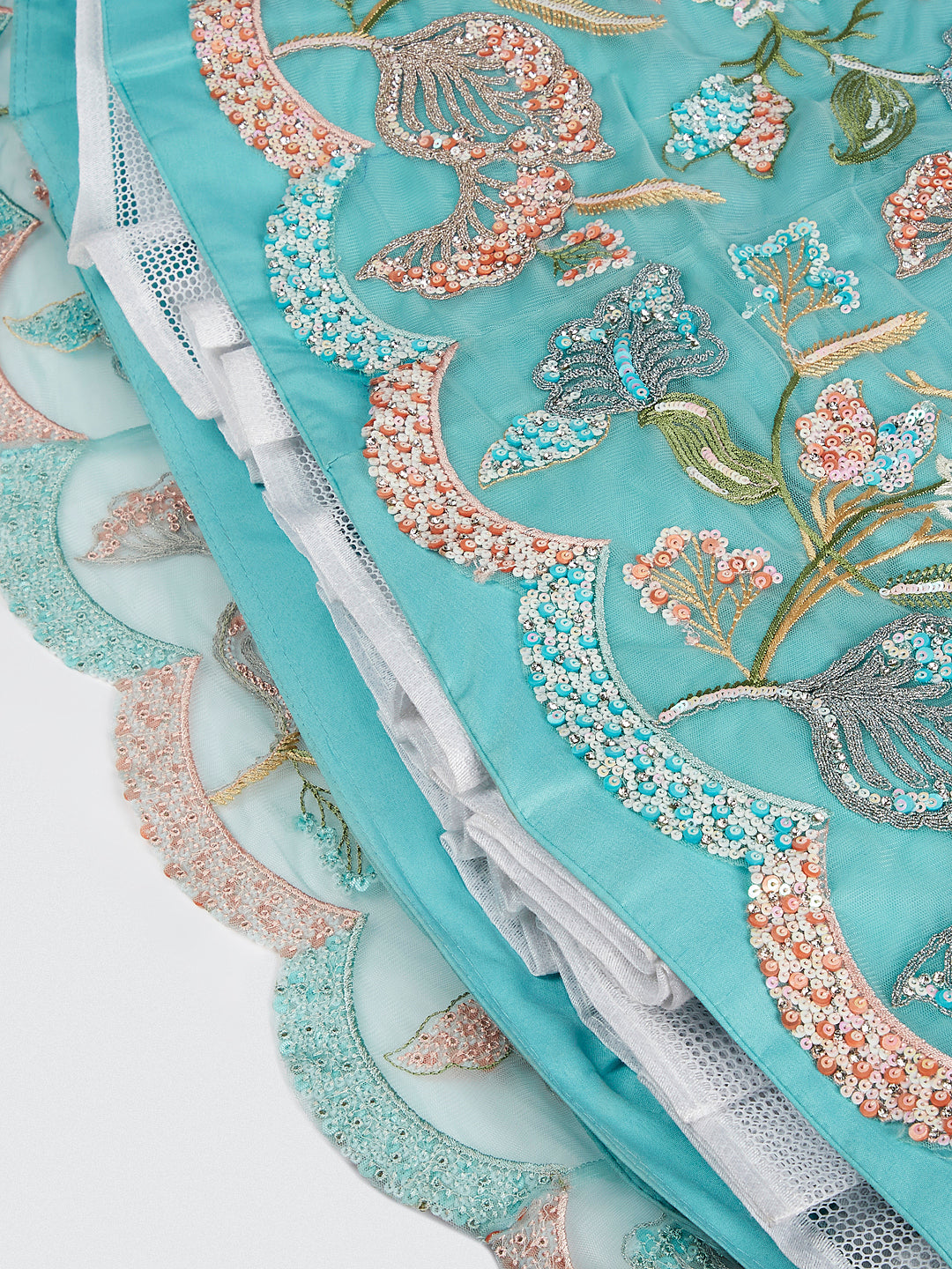 House of Panchhi Turquoise Blue Chiffon Sequins And Thread Embroidery Lehenga Choli & Printed Dupatta - Distacart