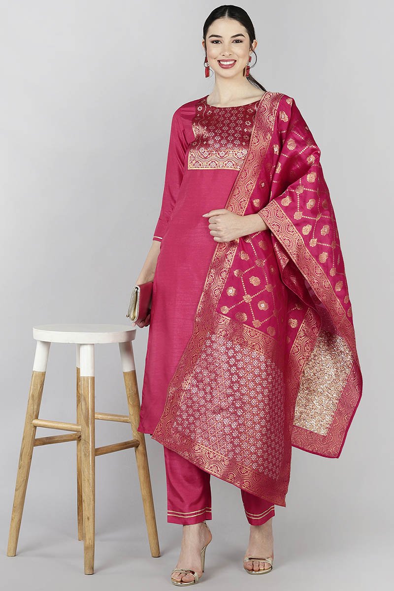 Ahika Women Red Yoke Design Kurta Trousers With Dupatta - Distacart