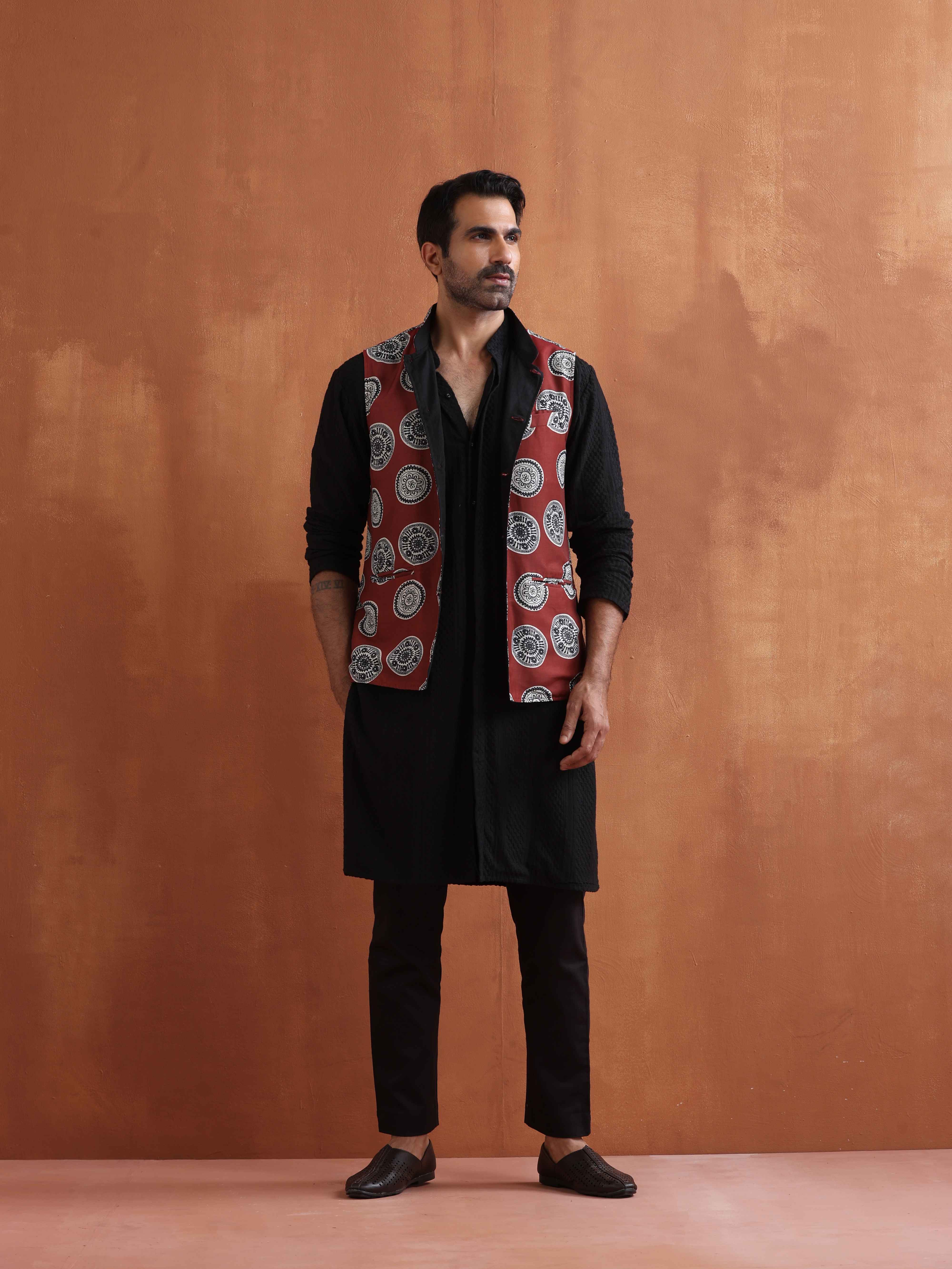 trueBrowns Men's Rust Printed Nehru Jacket