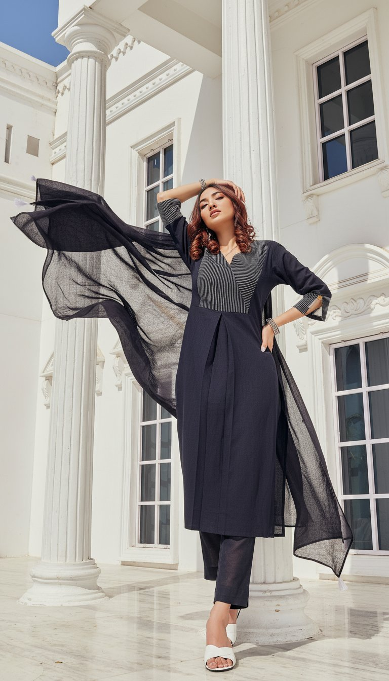 BulBul Khushi Black Cotton Kurta Set with Dupatta