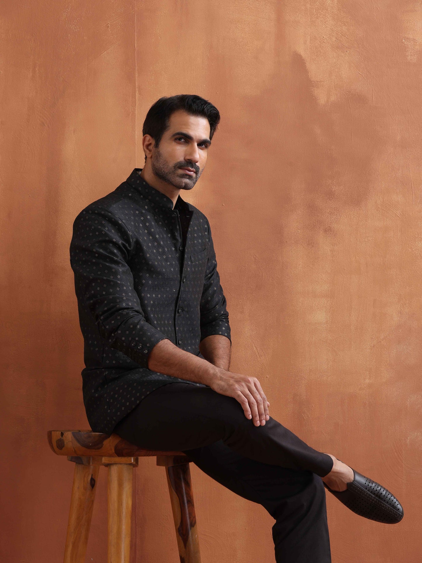trueBrowns Men's Black Chanderi Long Jacket - Distacart
