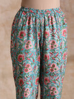 Thumbnail for trueBrowns Turkish Blue Overall Floral Block Print Cotton Flared Kurta Pant Set - Distacart