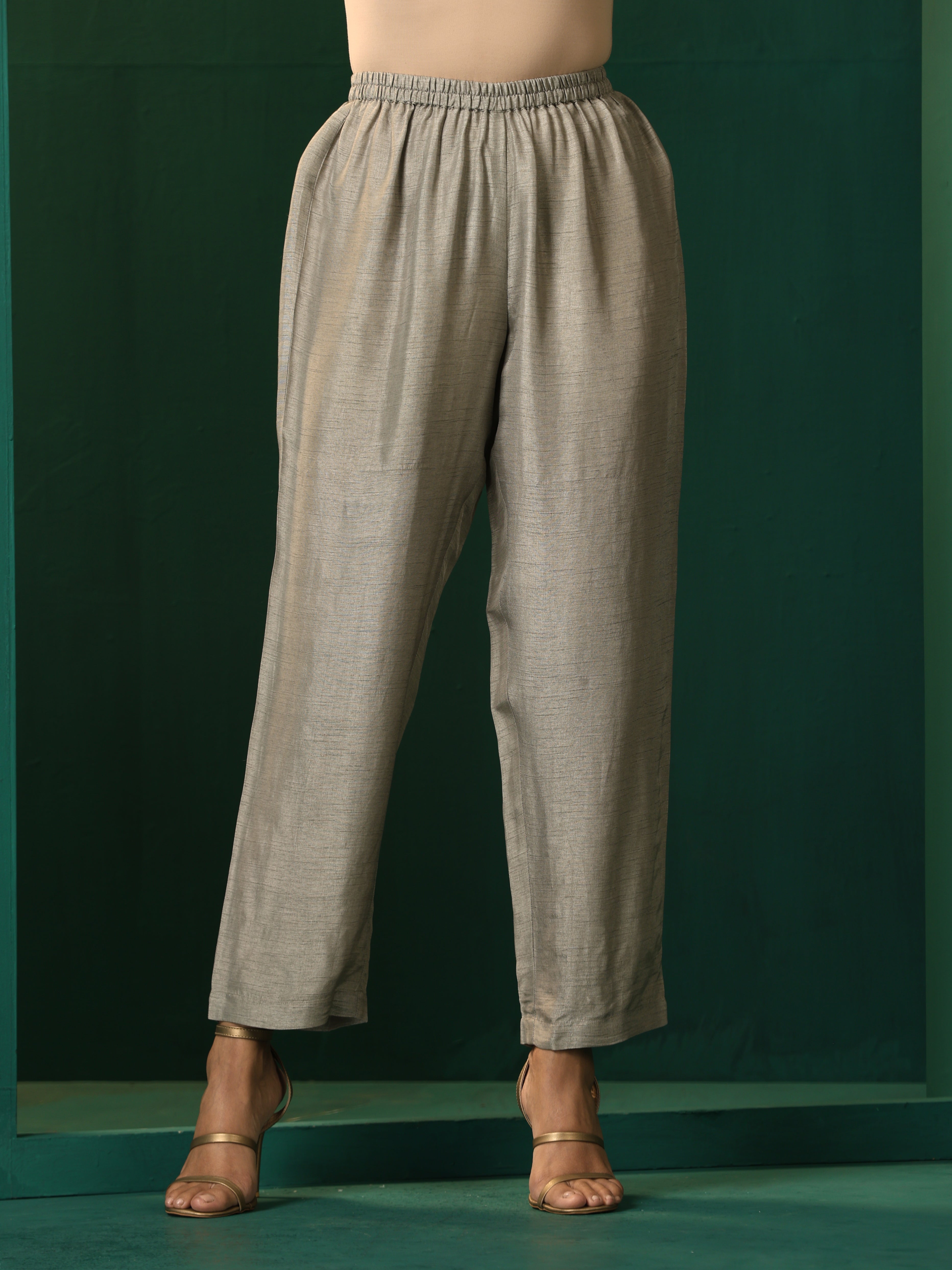 trueBrowns Grey Silk Front Gathered Kurta Pant Set - Distacart