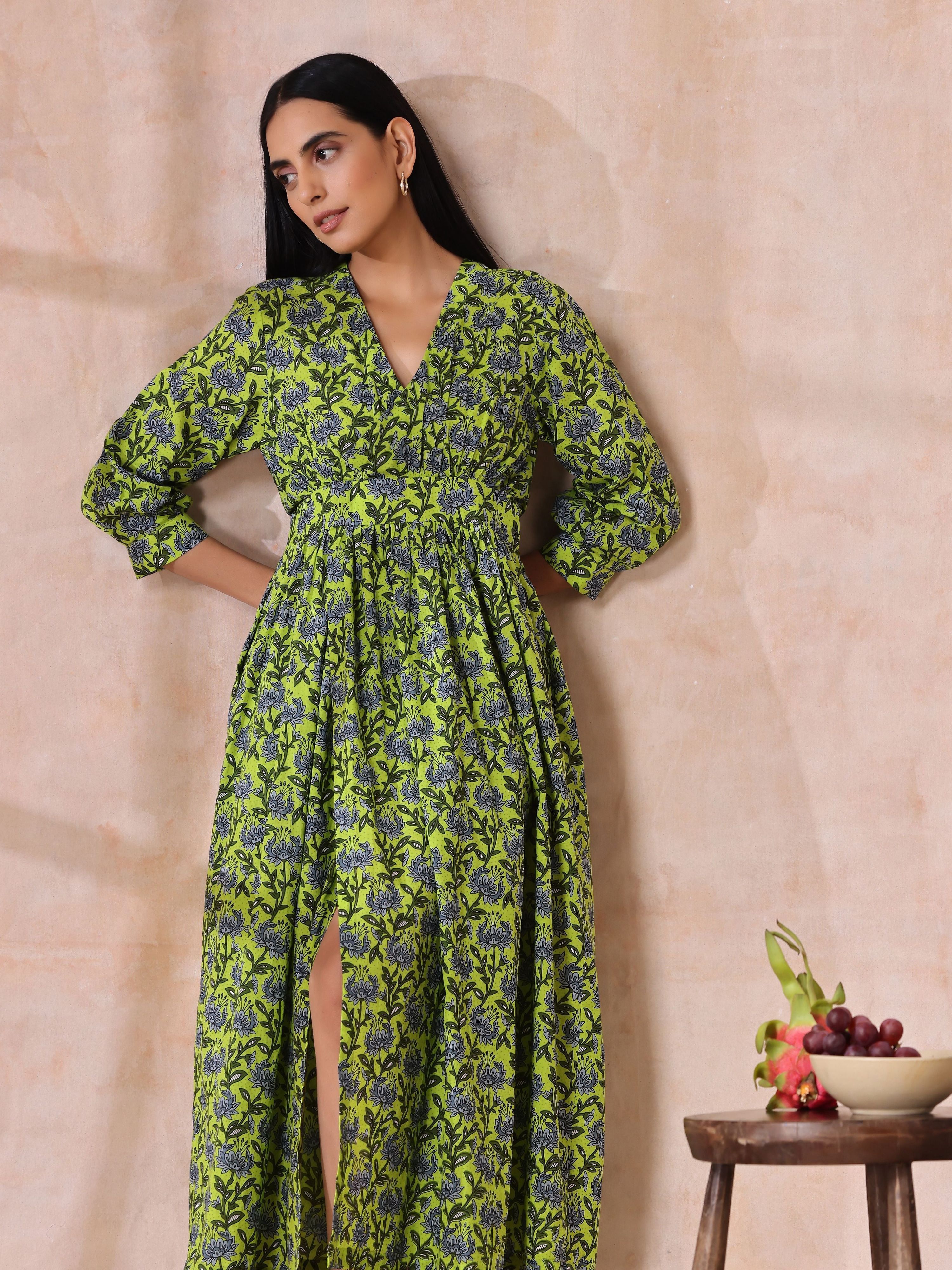 trueBrowns Lime Green Overall Blue Floral Block Print Cotton Wrap Dress - Distacart