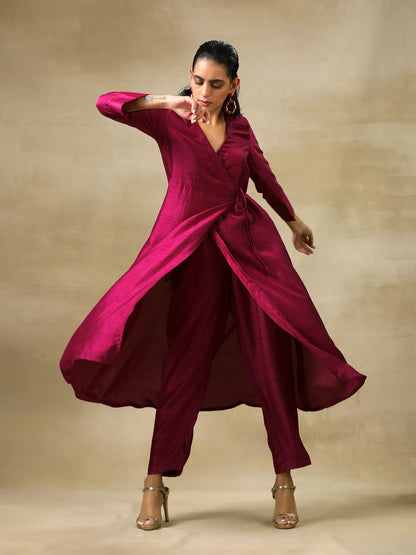 trueBrowns Purple Textured Silk Angrakha Kurta Pant Set - Distacart