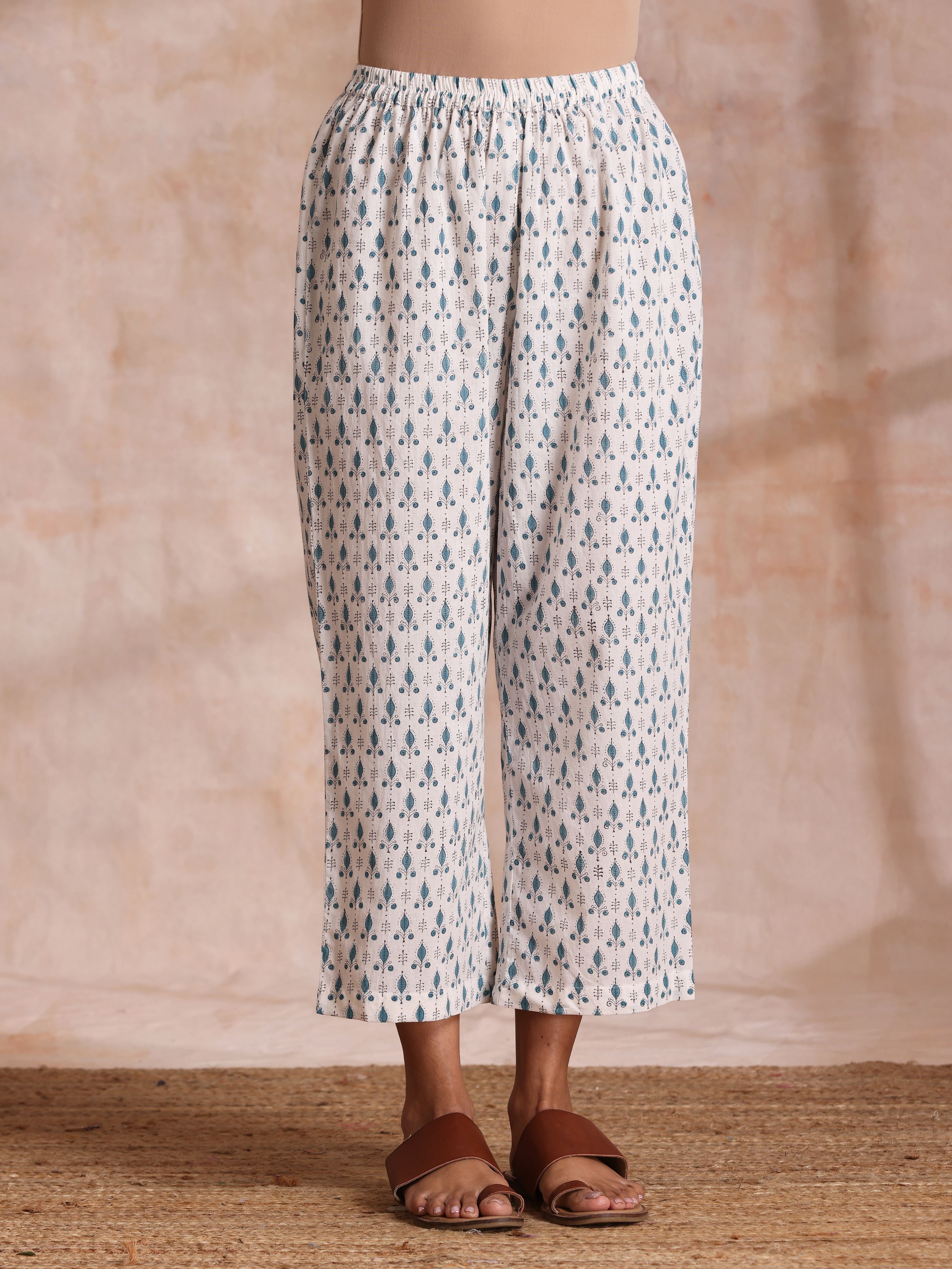 trueBrowns White With Teal Buta Block Print Cotton Front Neck Gathered Kurta Pant Set - Distacart