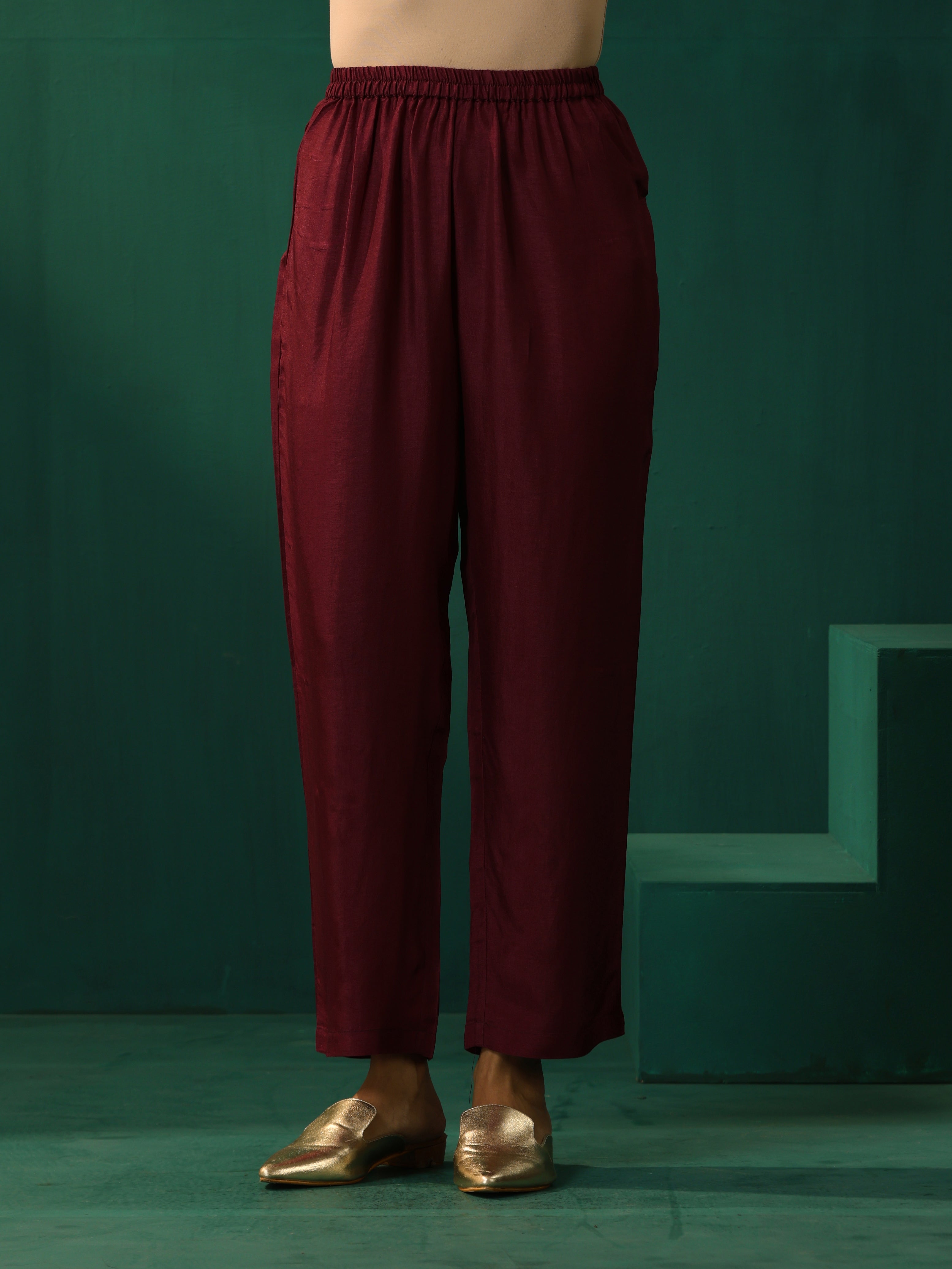 trueBrowns Wine Diamond Viscose Silk Waist Sleeve Gathered Co-ord Set - Distacart