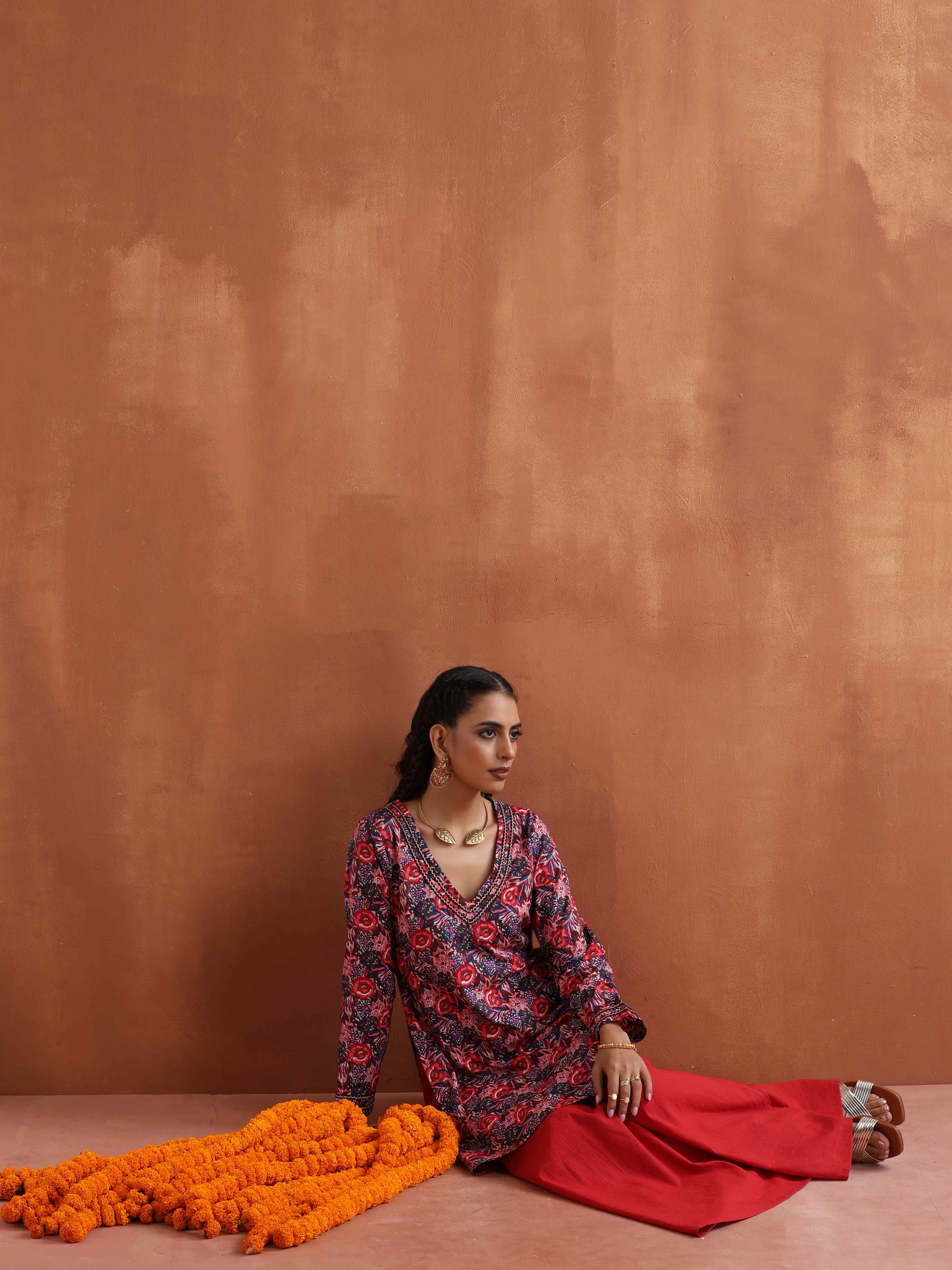 trueBrowns Pink Print Sharara Set - Distacart