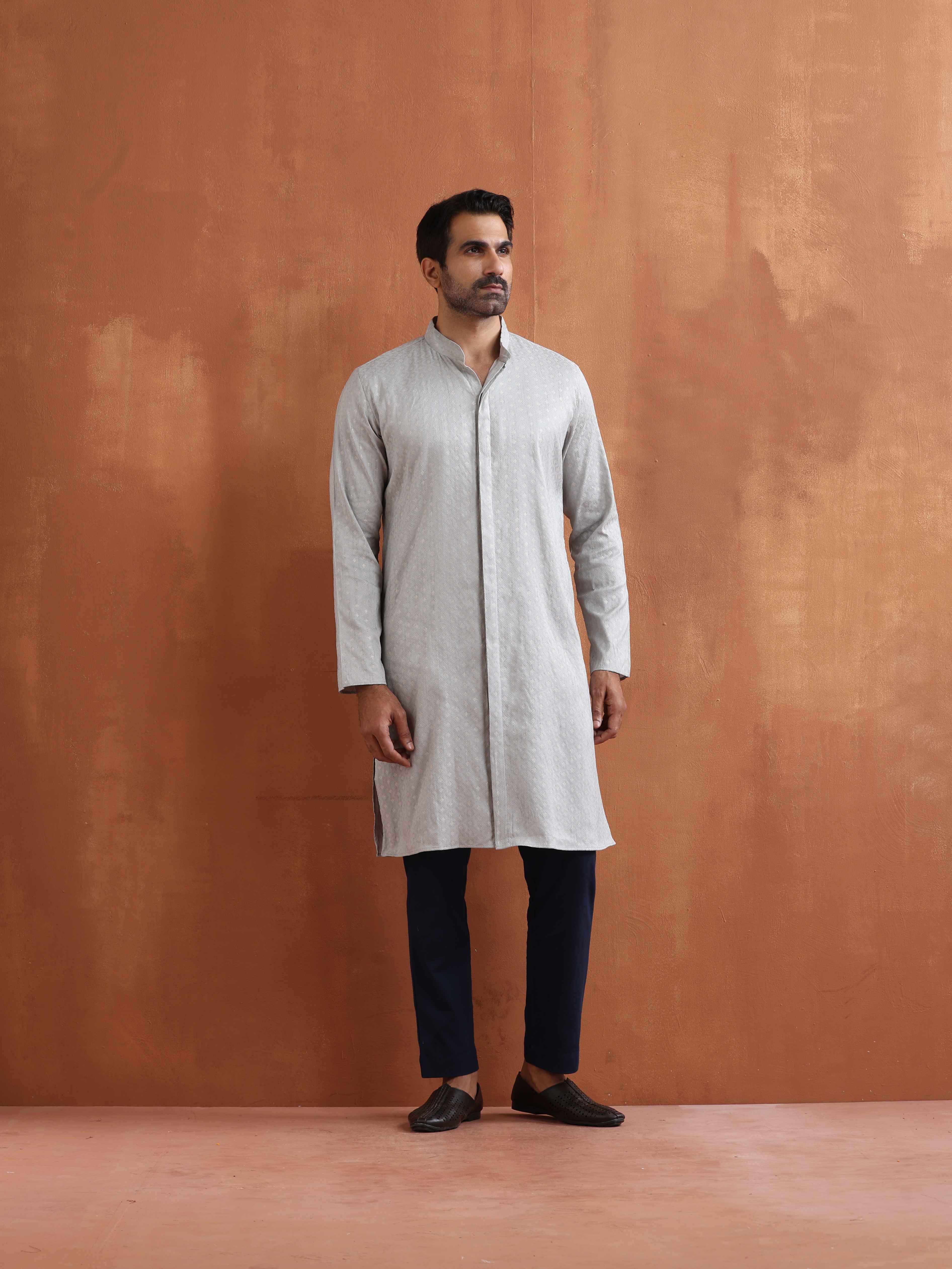 trueBrowns Men's Grey Chanderi Front Open Kurta