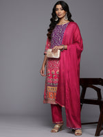 Thumbnail for Varanga Women Purple And Pink Thread And Gotta Work Straight Kurta With Trousers And Dupatta - Distacart