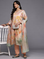 Thumbnail for Varanga Women Peach Silk Floral Printed Beads And Stones Embellished Kurta Set With Dupatta - Distacart