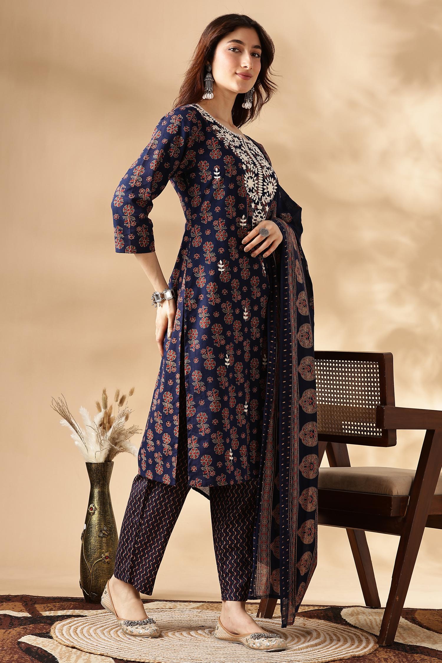 BulBul Navy Blue Cotton Kurta Set with Dupatta