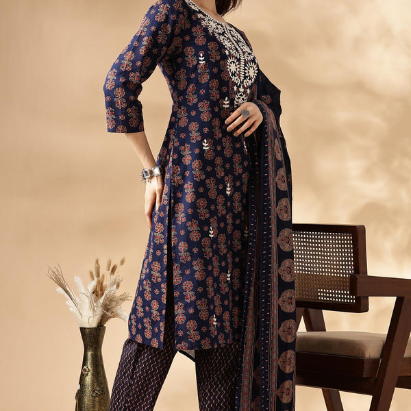 BulBul Navy Blue Cotton Kurta Set with Dupatta