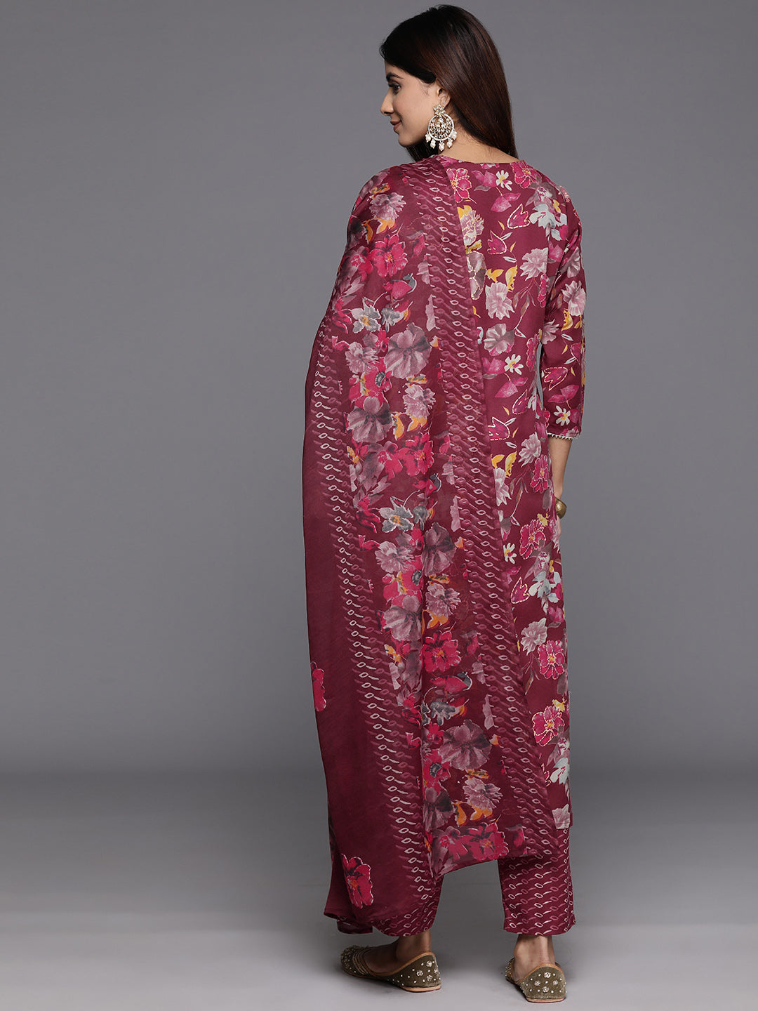 Varanga Women Maroon Floral Printed Embroidered Kurta Paired With Bottom And Dupatta - Distacart
