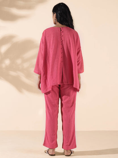 trueBrowns Pink Cotton Dobby Oversized Co-ord Set - Distacart