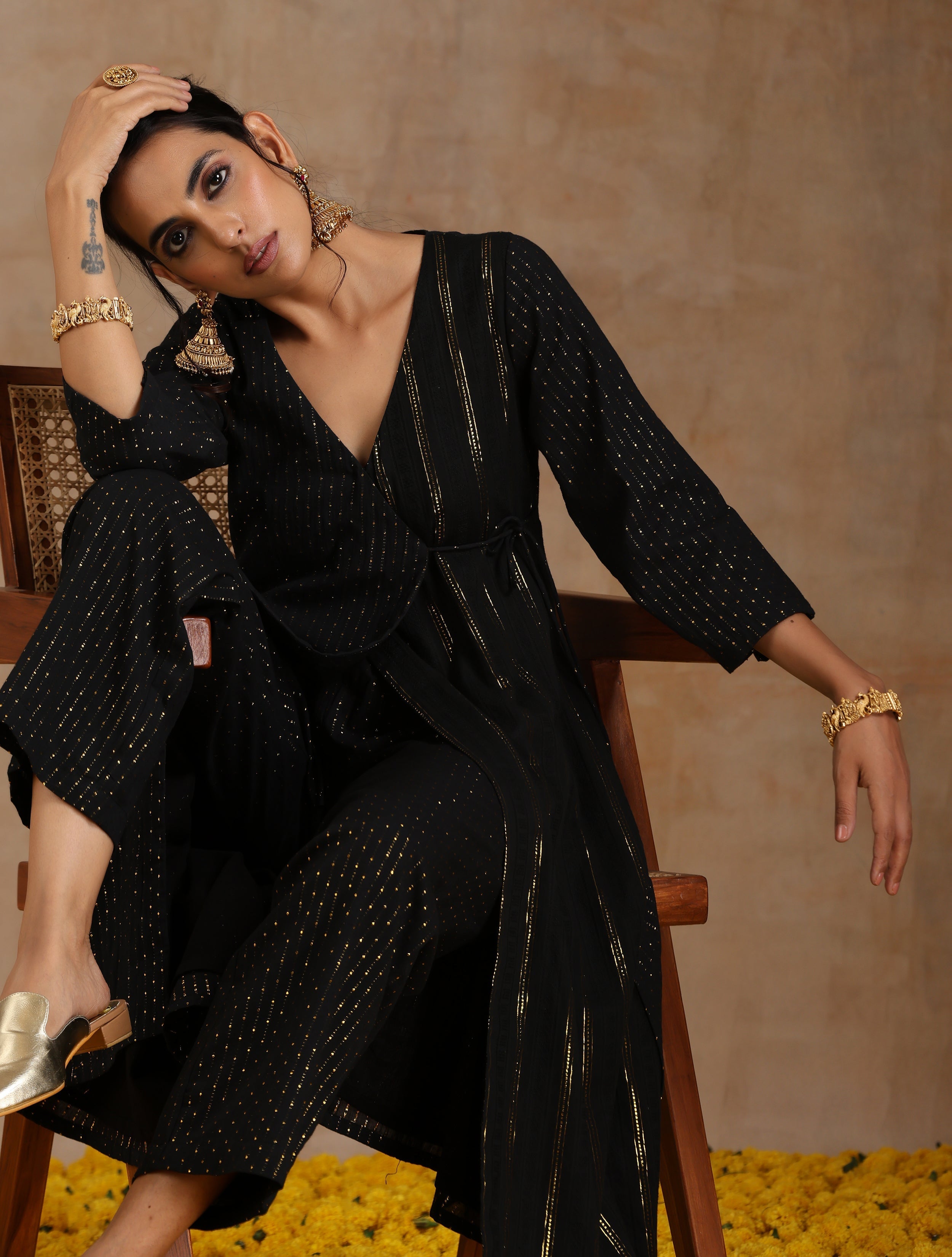 trueBrowns Black Gold Cotton Angrakha Kurta Set - Distacart