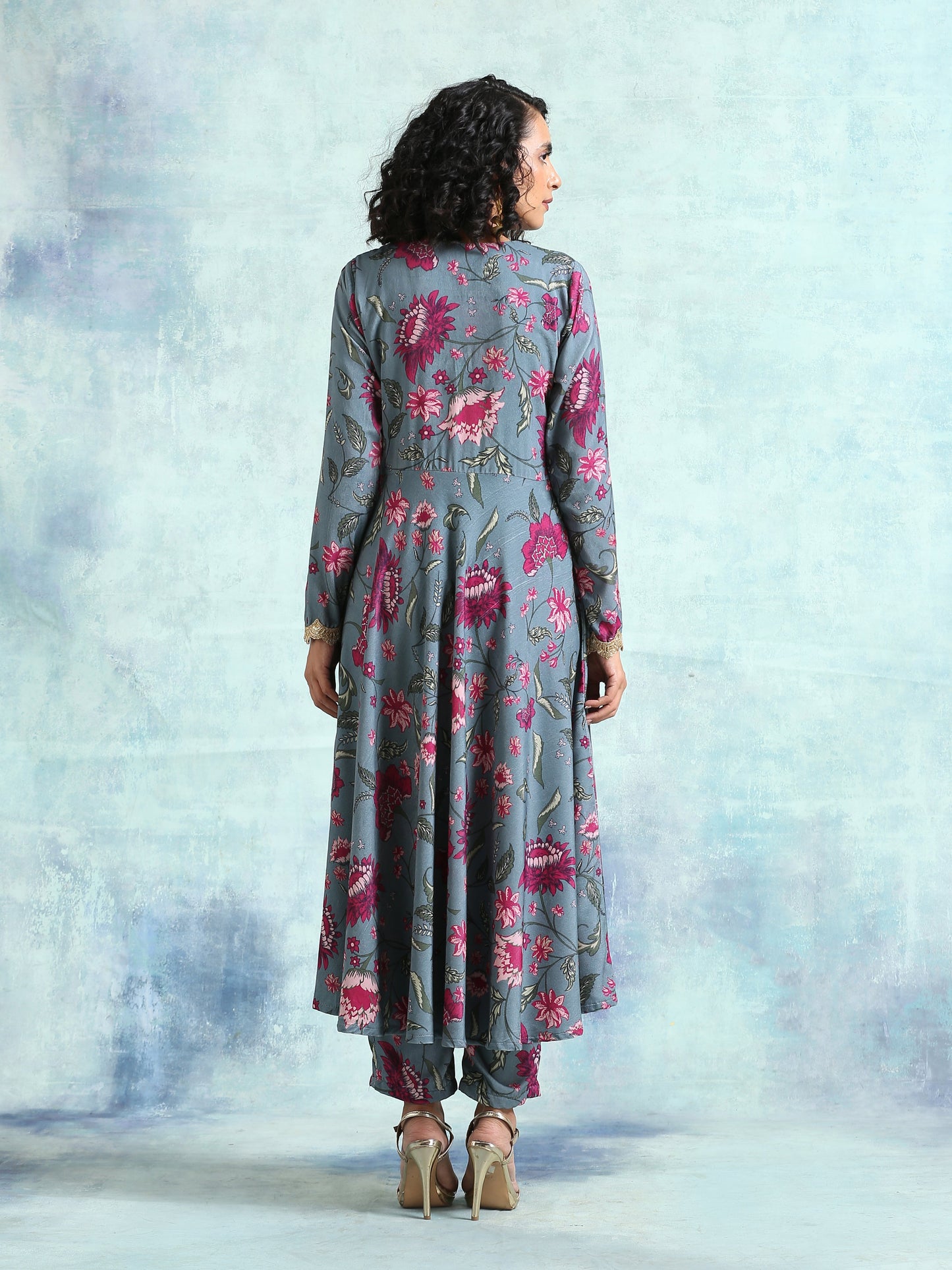 trueBrowns Grey Printed Velvet Anarkali Kurta - Distacart