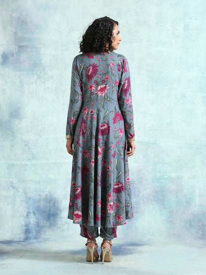 trueBrowns Grey Printed Velvet Anarkali Kurta - Distacart