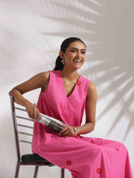 Thumbnail for trueBrowns Pink Cotton Embroidered Flared Dress