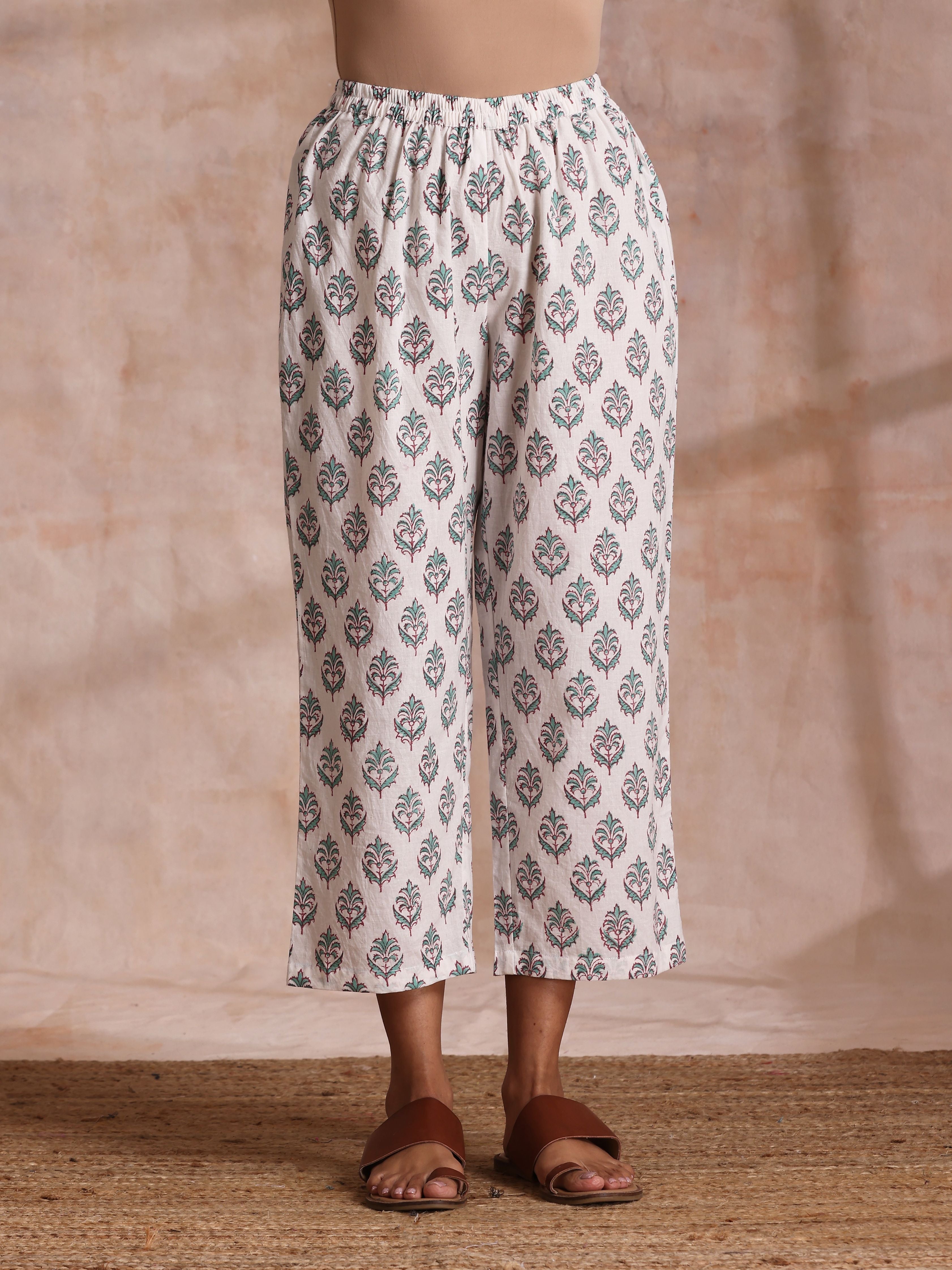 trueBrowns Tiffany Blue Floral Block Print Cotton Front Neck Gathered Kurta Pant Set - Distacart