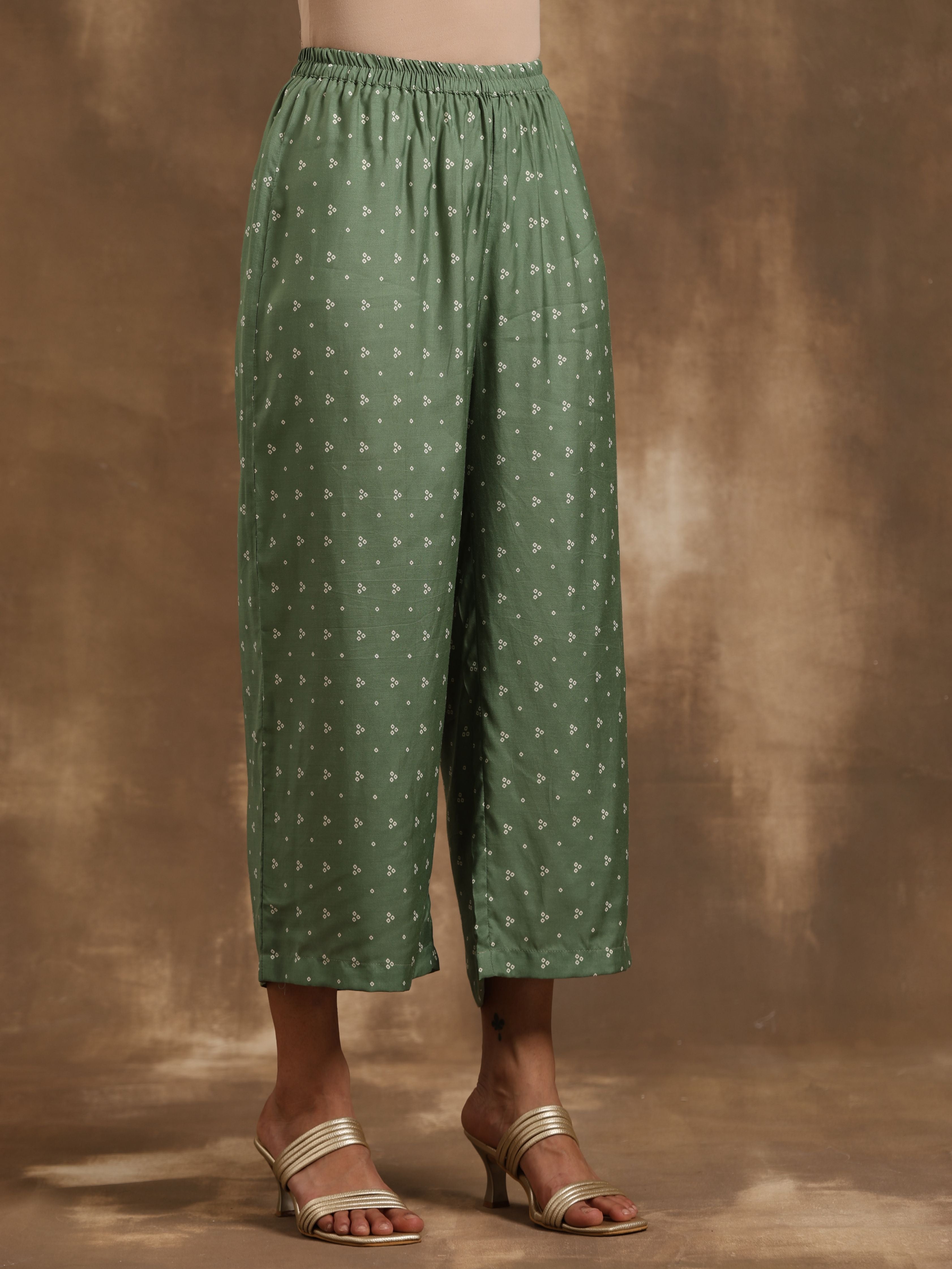 trueBrowns Light Green Bandhani Printed Silk Oversized Kurta Pant Set - Distacart