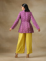 Thumbnail for trueBrowns Lime Green Bandhani Printed Silk Top Pant with Purple Printed Jacket Set - Distacart
