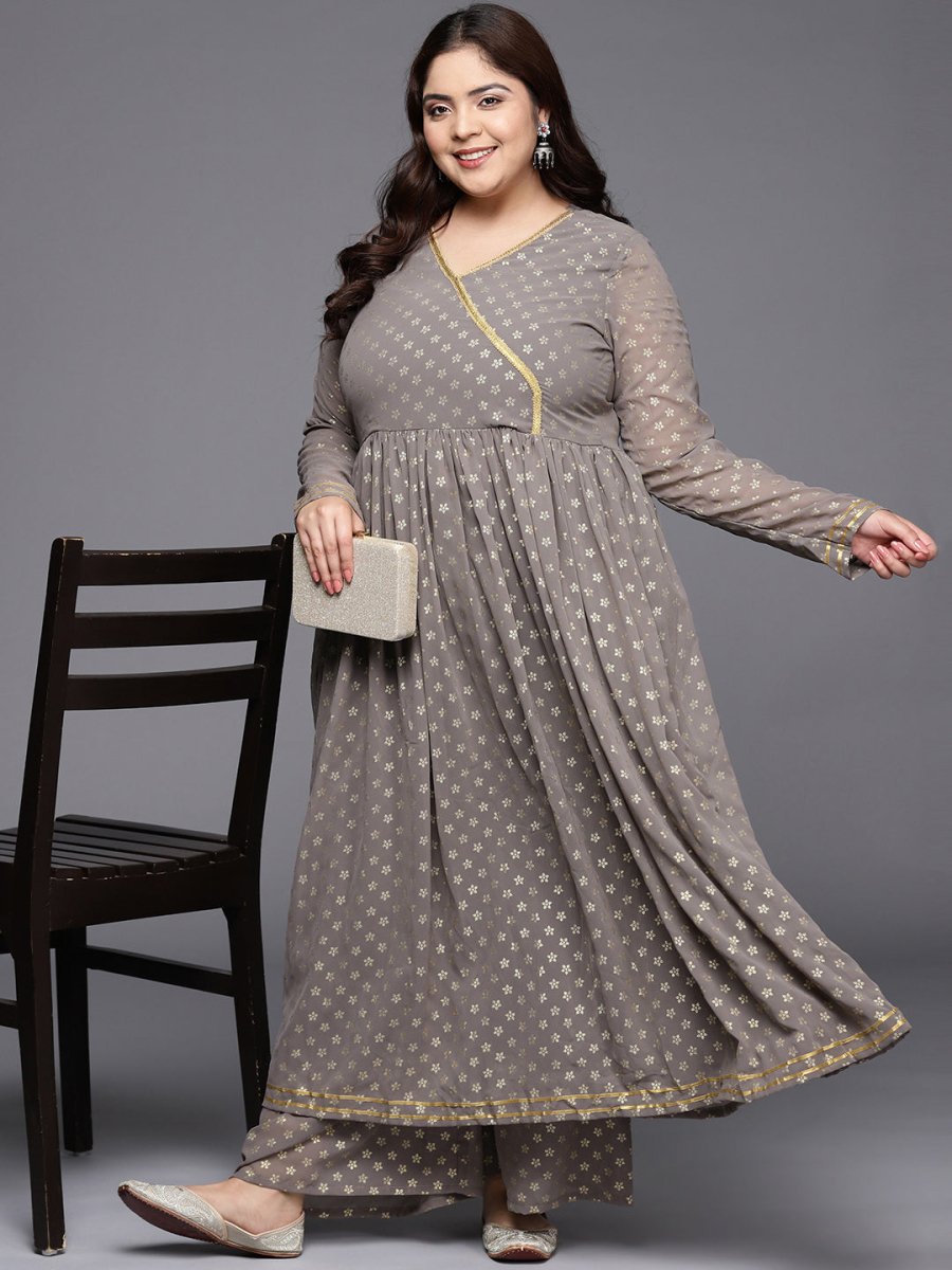 Ahalyaa Plus Size Floral Printed Zari Angrakha Kurta with Palazzos - Distacart
