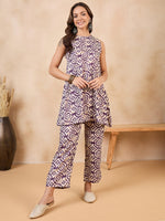 Thumbnail for InWeave Purple White Moroccan Print Round Neck Kurta Set