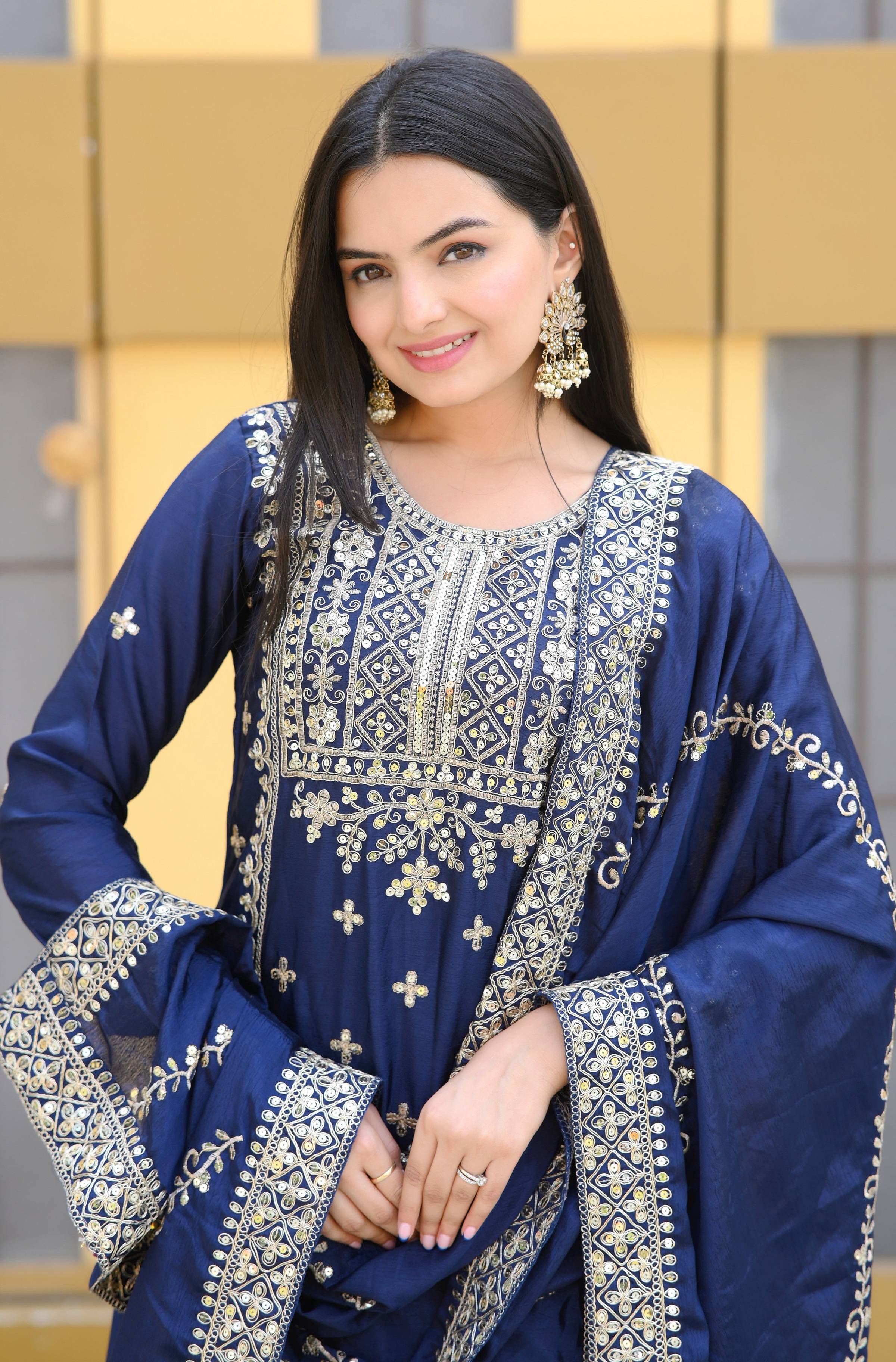 Teeya Creation Blue Color Chinon Silk Heavy Embroidery Work Fully Stitched Salwar Suit - Distacart