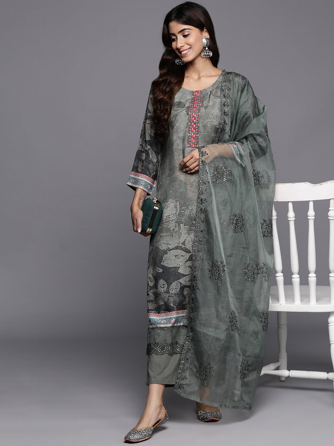 Varanga Women Green Floral Printed Straight Kurta Paired With Tonal Bottom And Tonal Organza Embroidered Dupatta - Distacart