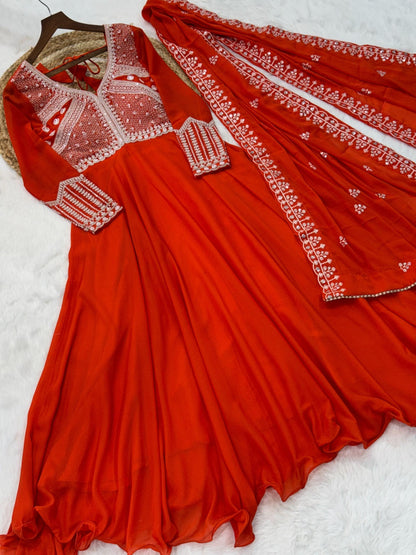 Anaita Orange Georgette Readymade Anarkali Suit with Beads & Embroidery Work - Dista