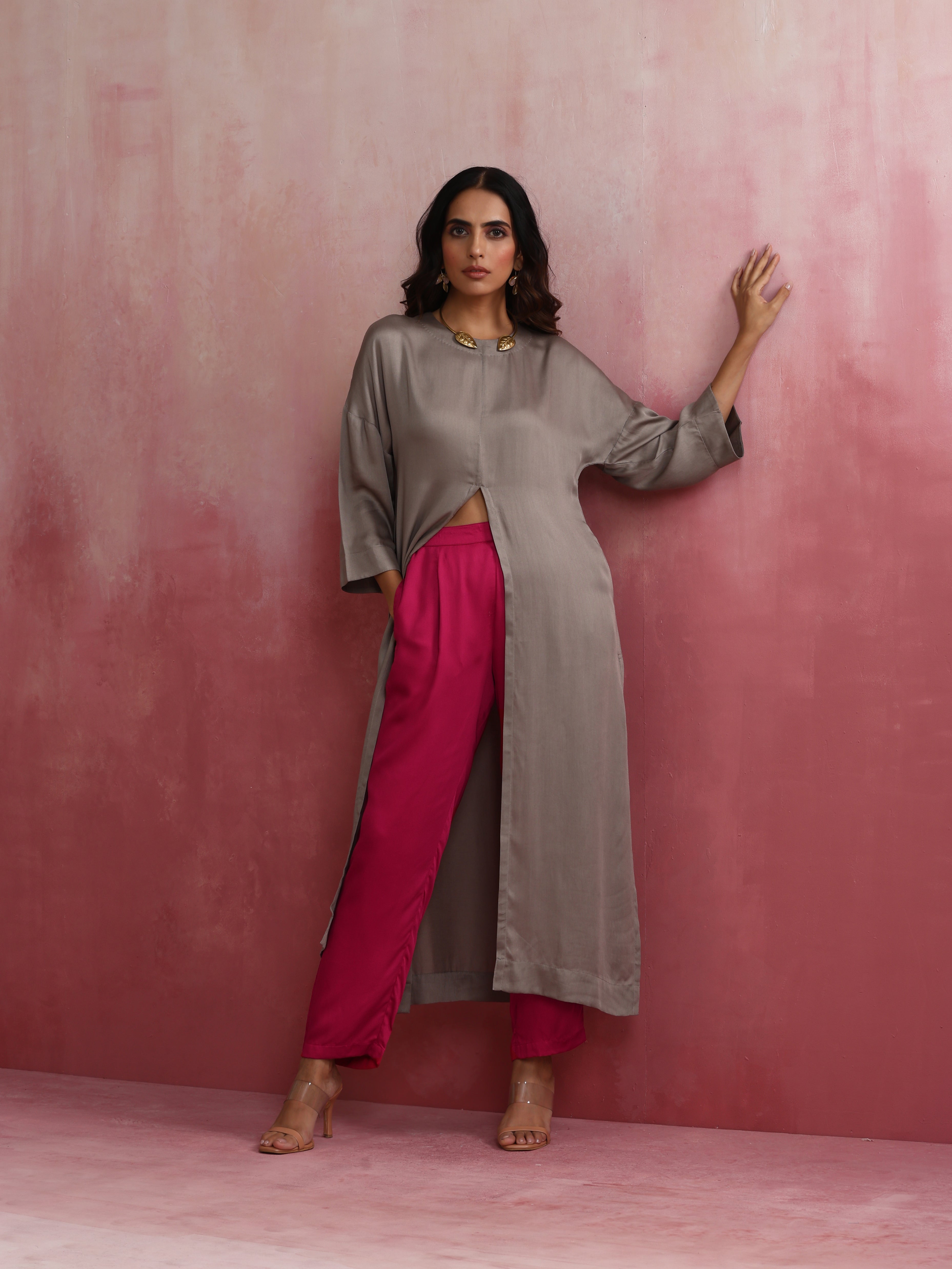 trueBrowns Grey High Slit Modal Kurta Set