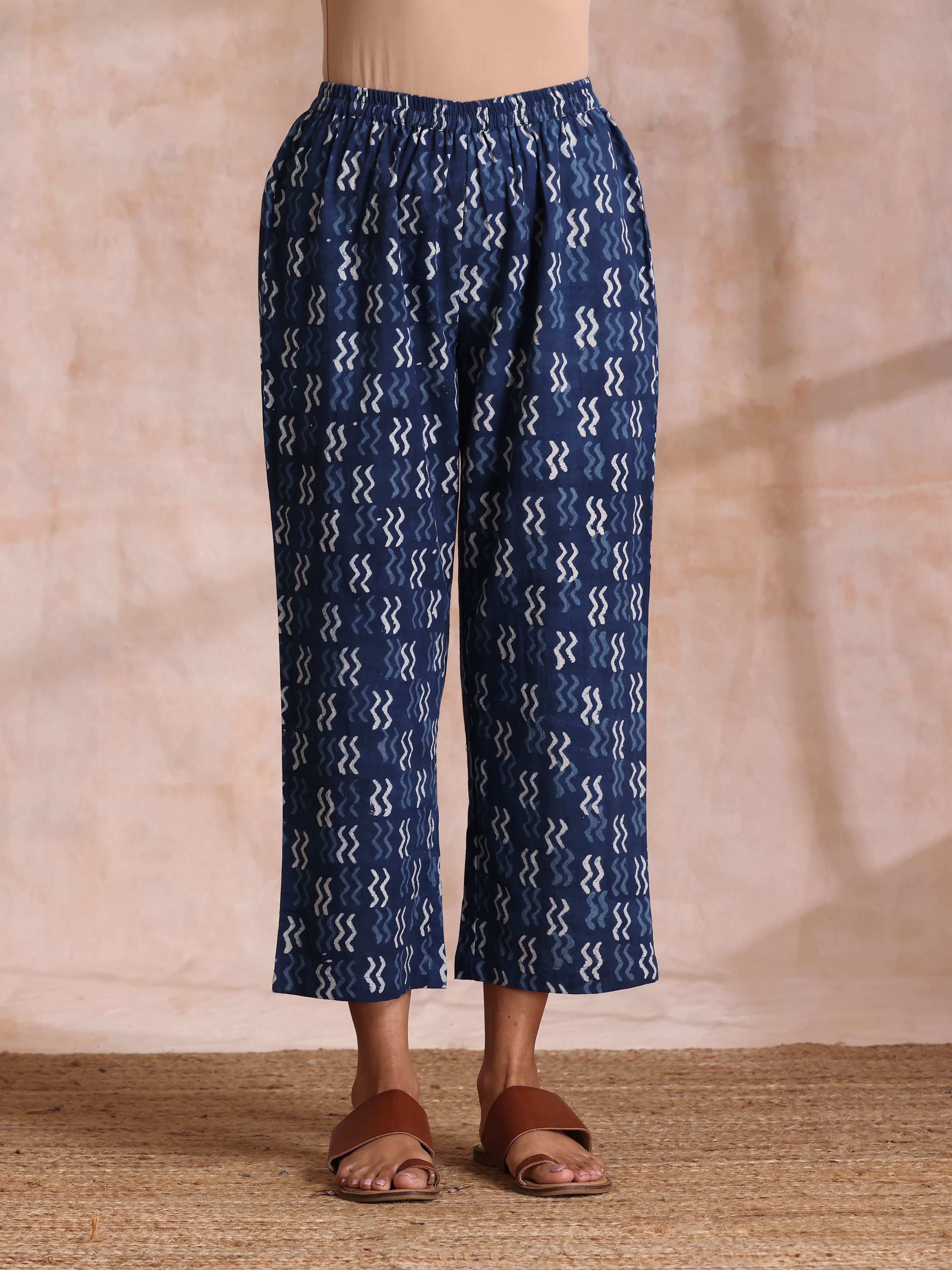 trueBrowns Indigo Dabu Zig-Zag Lines Print Cotton Sleeveless Kurta Pant Set - Distacart