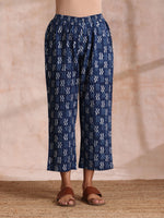 Thumbnail for trueBrowns Indigo Dabu Zig-Zag Lines Print Cotton Sleeveless Kurta Pant Set - Distacart