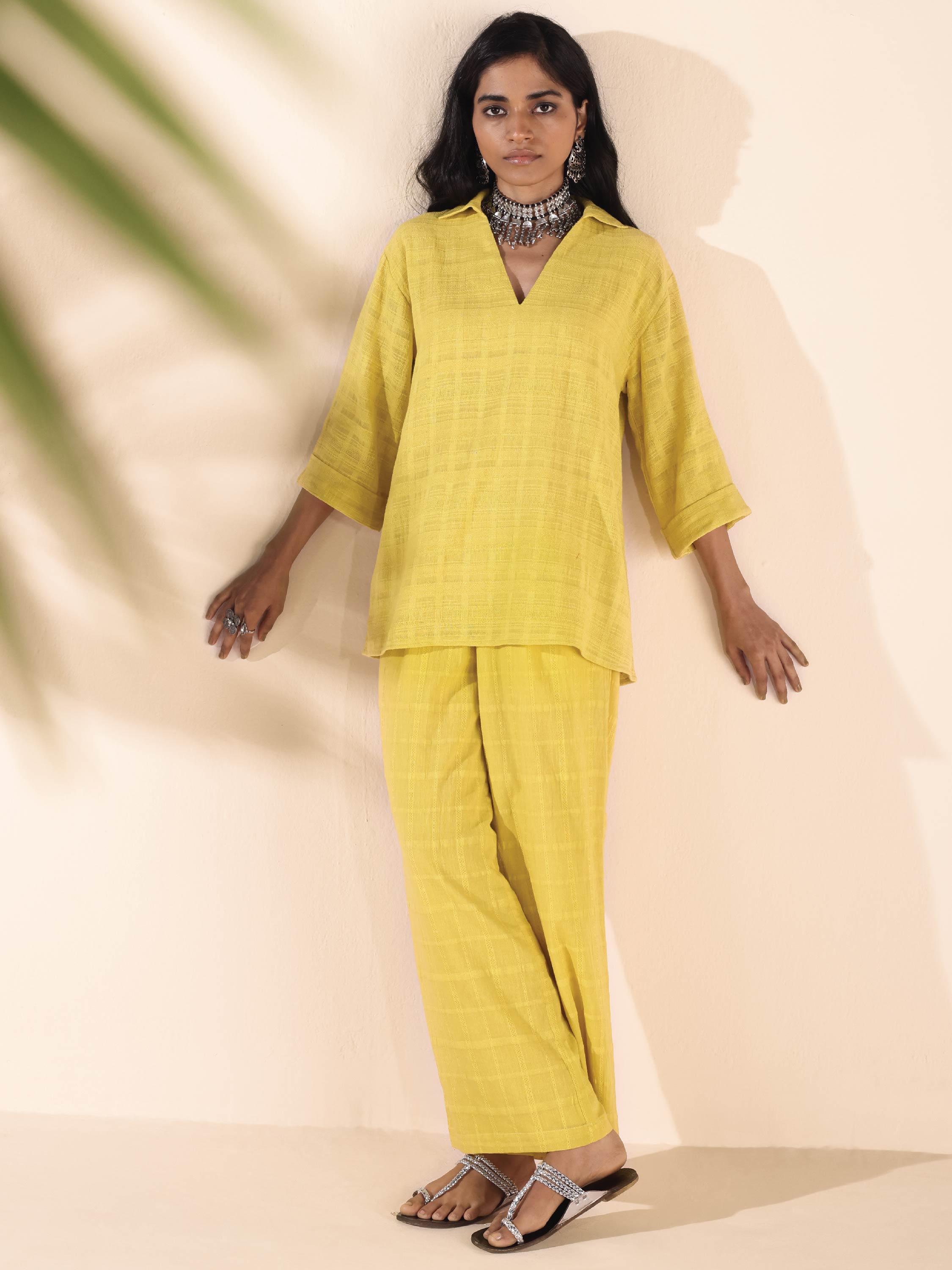 trueBrowns Lime Cotton Dobby V-Neck Co-ord Set - Distacart