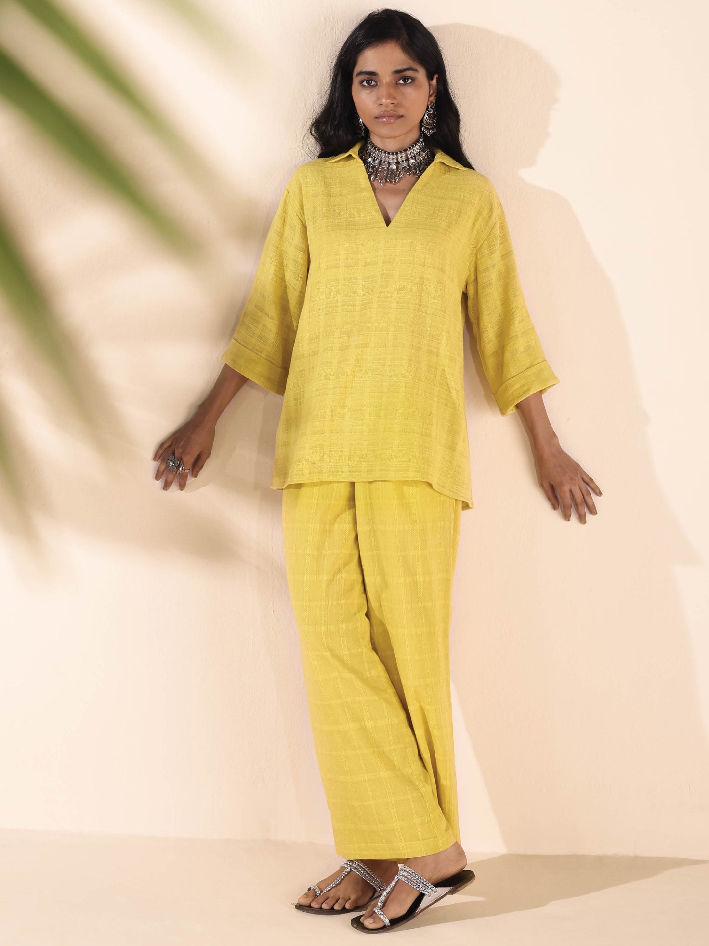 trueBrowns Lime Cotton Dobby V-Neck Co-ord Set - Distacart