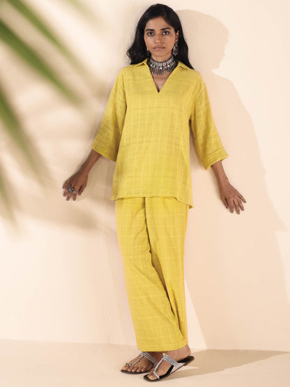 trueBrowns Lime Cotton Dobby V-Neck Co-ord Set - Distacart