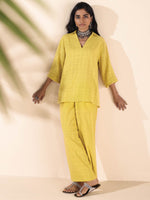 Thumbnail for trueBrowns Lime Cotton Dobby V-Neck Co-ord Set - Distacart