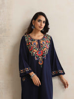 Thumbnail for trueBrowns Blue Kashmiri Floral Embroidered Woollen Phiran Kurta - Distacart